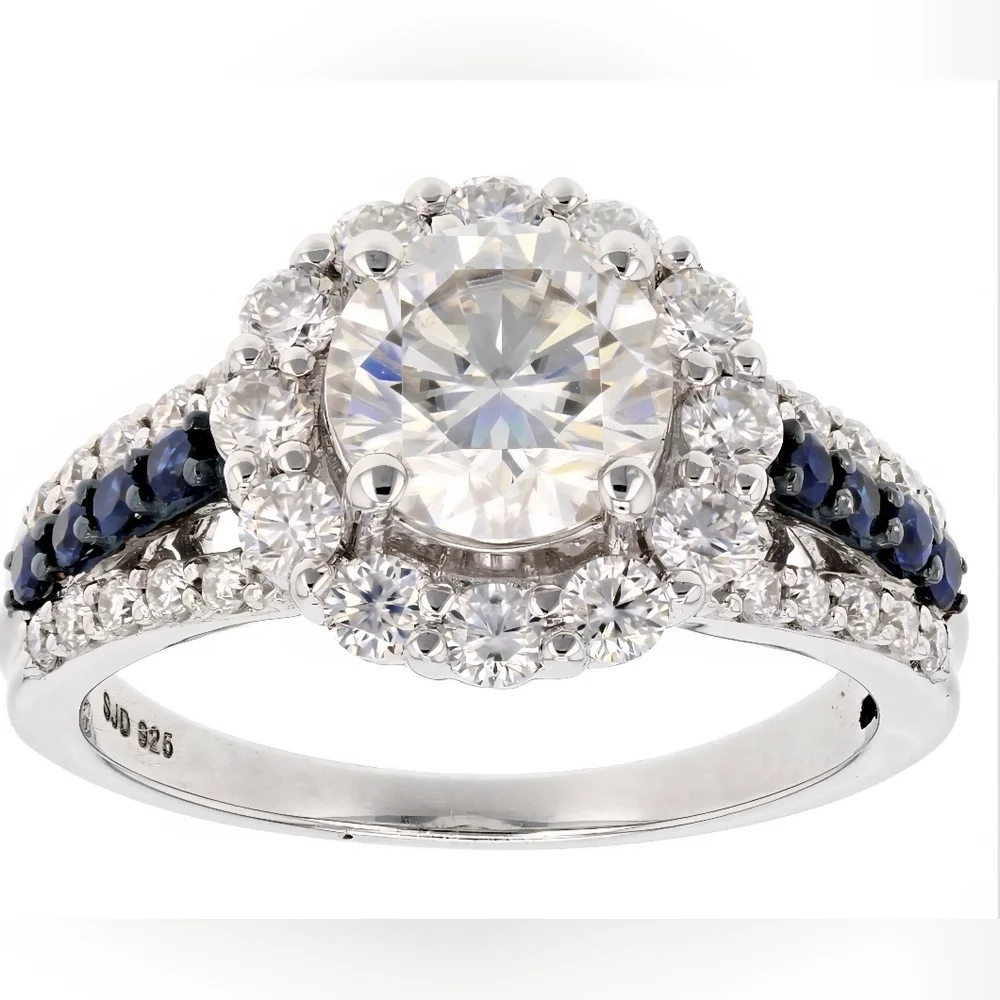 Moissanite Fire Blue Sapphire Platineve 925 Silver Ring - Picture 1 of 16